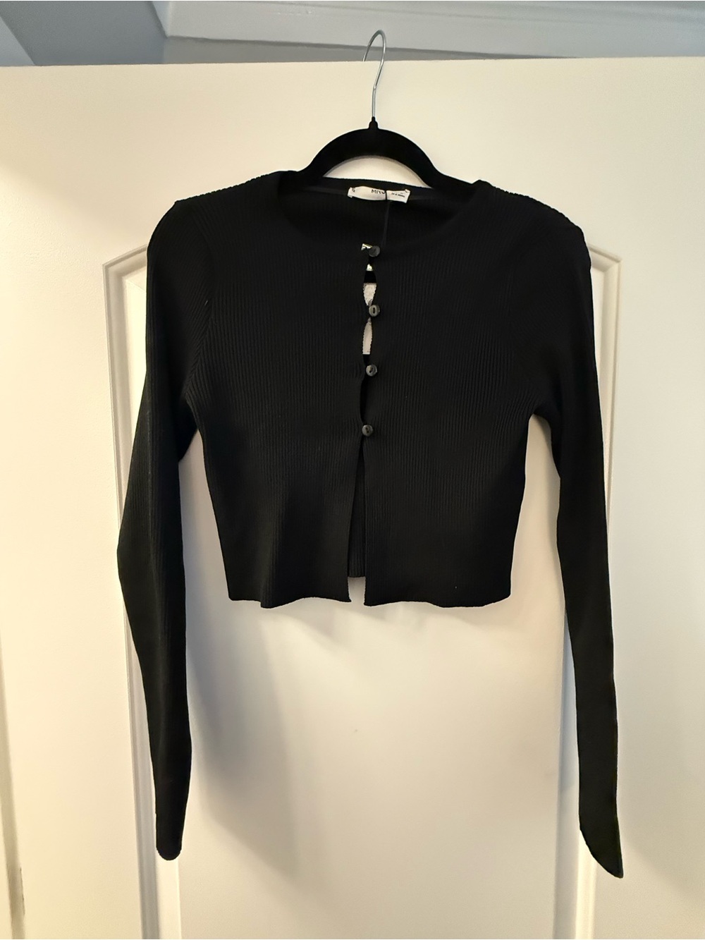 Mango Black Ribbed Button-Front Cardigan Long Sleeve Top